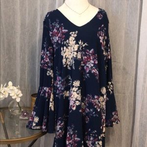 Navy blue floral chiffon dress with bell sleeves